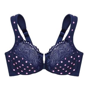 Glamorise Full Figure  Front-Closure Bra Underwire #1245 34F, Navy w/ pink dots
